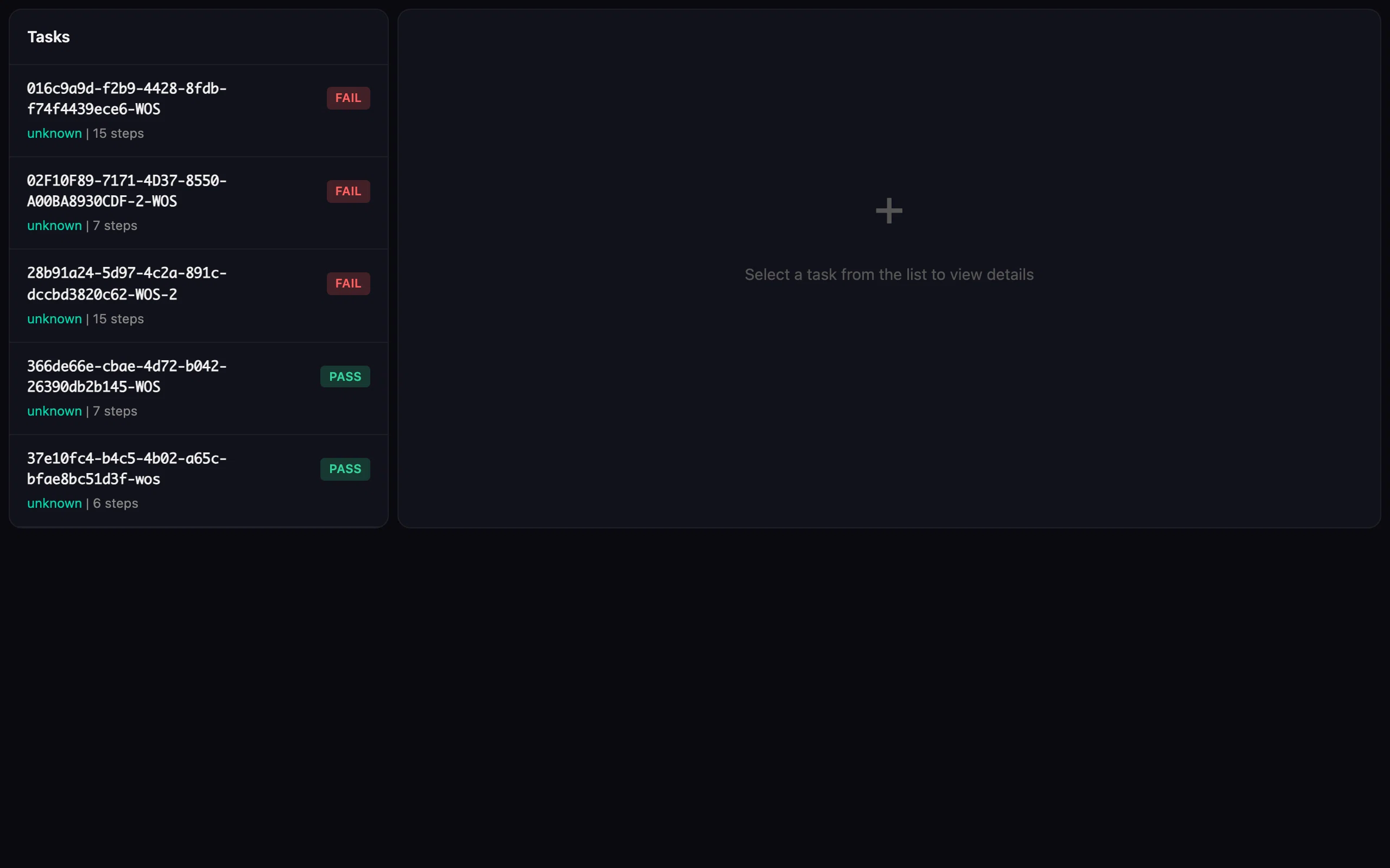Benchmark viewer showing multi-task evaluation with step-by-step screenshot replay, actions, and success rates